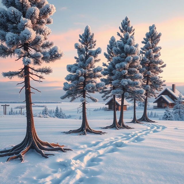 A fantastical scene showcasing a stand of rime-covered pines, their branches adorned with glistening ice crystals, as they walk gracefully on their roots towards an arctic settlement