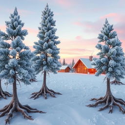 A fantastical scene showcasing a stand of rime-covered pines, their branches adorned with glistening ice crystals, as they walk gracefully on their roots towards an arctic settlement