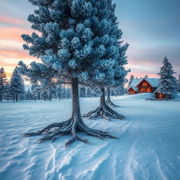 A captivating scene featuring a stand of rime-covered pines, their branches embellished with shimmering ice crystals, as they use their roots to walk toward an arctic settlement