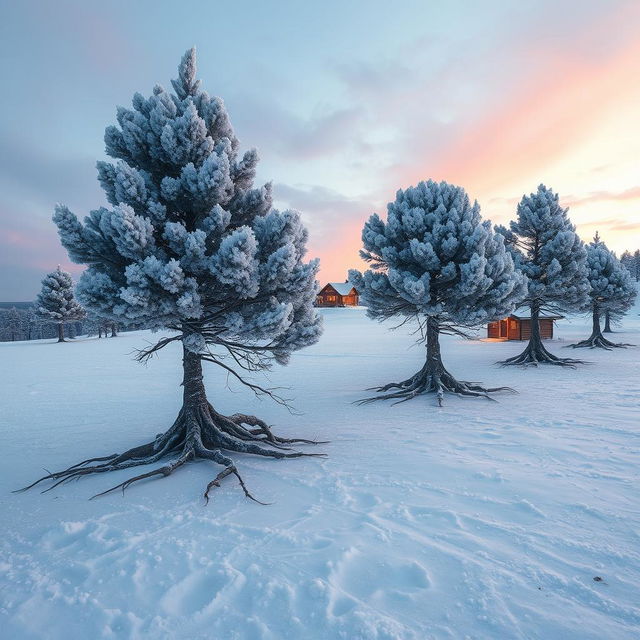 A captivating scene featuring a stand of rime-covered pines, their branches embellished with shimmering ice crystals, as they use their roots to walk toward an arctic settlement