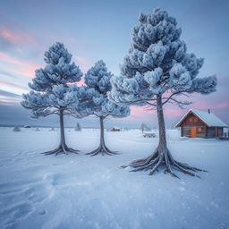 A captivating scene featuring a stand of rime-covered pines, their branches embellished with shimmering ice crystals, as they use their roots to walk toward an arctic settlement