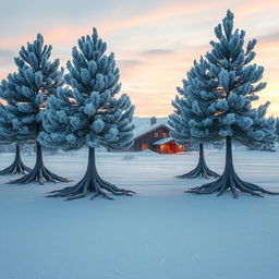 A captivating scene featuring a stand of rime-covered pines, their branches embellished with shimmering ice crystals, as they use their roots to walk toward an arctic settlement