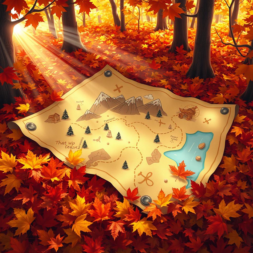 A vibrant cartoon-style treasure map glistening with gold and silver accents, elegantly spread out among colorful piles of autumn leaves in varying shades of red, orange, and yellow