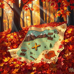 A vibrant cartoon-style treasure map glistening with gold and silver accents, elegantly spread out among colorful piles of autumn leaves in varying shades of red, orange, and yellow