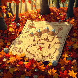 A vibrant cartoon-style treasure map glistening with gold and silver accents, elegantly spread out among colorful piles of autumn leaves in varying shades of red, orange, and yellow