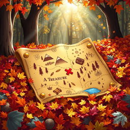 A vibrant cartoon-style treasure map glistening with gold and silver accents, elegantly spread out among colorful piles of autumn leaves in varying shades of red, orange, and yellow