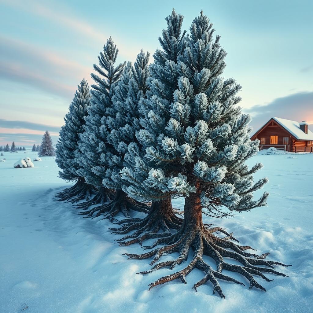 A surreal scene depicting a thicket of rime-covered pines, their branches adorned with shimmering ice crystals, animatedly using their roots to walk towards an arctic settlement