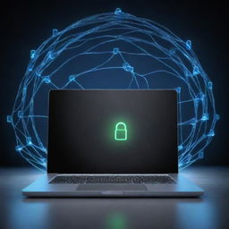 Generate a visual representation of online safety, featuring a computer with a protective shield, a secure padlock symbol, and glowing network connections to represent secure internet communication.