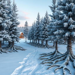 A surreal scene depicting a thicket of rime-covered pines, their branches adorned with shimmering ice crystals, animatedly using their roots to walk towards an arctic settlement