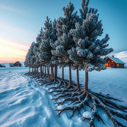 A surreal scene depicting a thicket of rime-covered pines, their branches adorned with shimmering ice crystals, animatedly using their roots to walk towards an arctic settlement