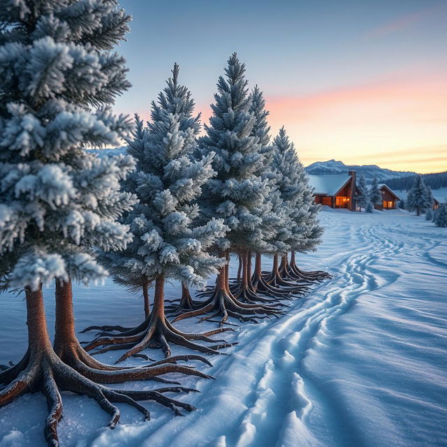 A surreal scene depicting a thicket of rime-covered pines, their branches adorned with shimmering ice crystals, animatedly using their roots to walk towards an arctic settlement