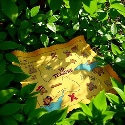 A colorful cartoon-style treasure map glistening with sparkling details, spread out among lush green leaves in a backyard setting