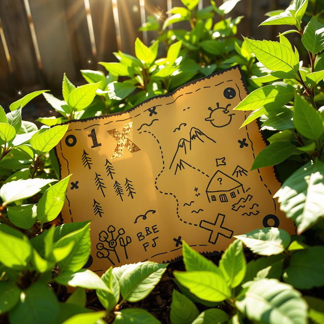 A cartoon-style brown treasure map glistening with shiny gold highlights, artistically laid out among vibrant green leaves in a cozy backyard setting