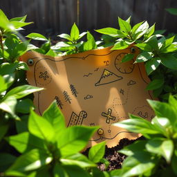 A cartoon-style brown treasure map glistening with shiny gold highlights, artistically laid out among vibrant green leaves in a cozy backyard setting