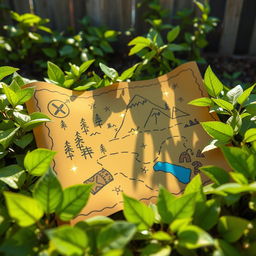 A cartoon-style brown treasure map glistening with shiny gold highlights, artistically laid out among vibrant green leaves in a cozy backyard setting