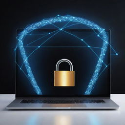 Generate a visual representation of online safety, featuring a computer with a protective shield, a secure padlock symbol, and glowing network connections to represent secure internet communication.