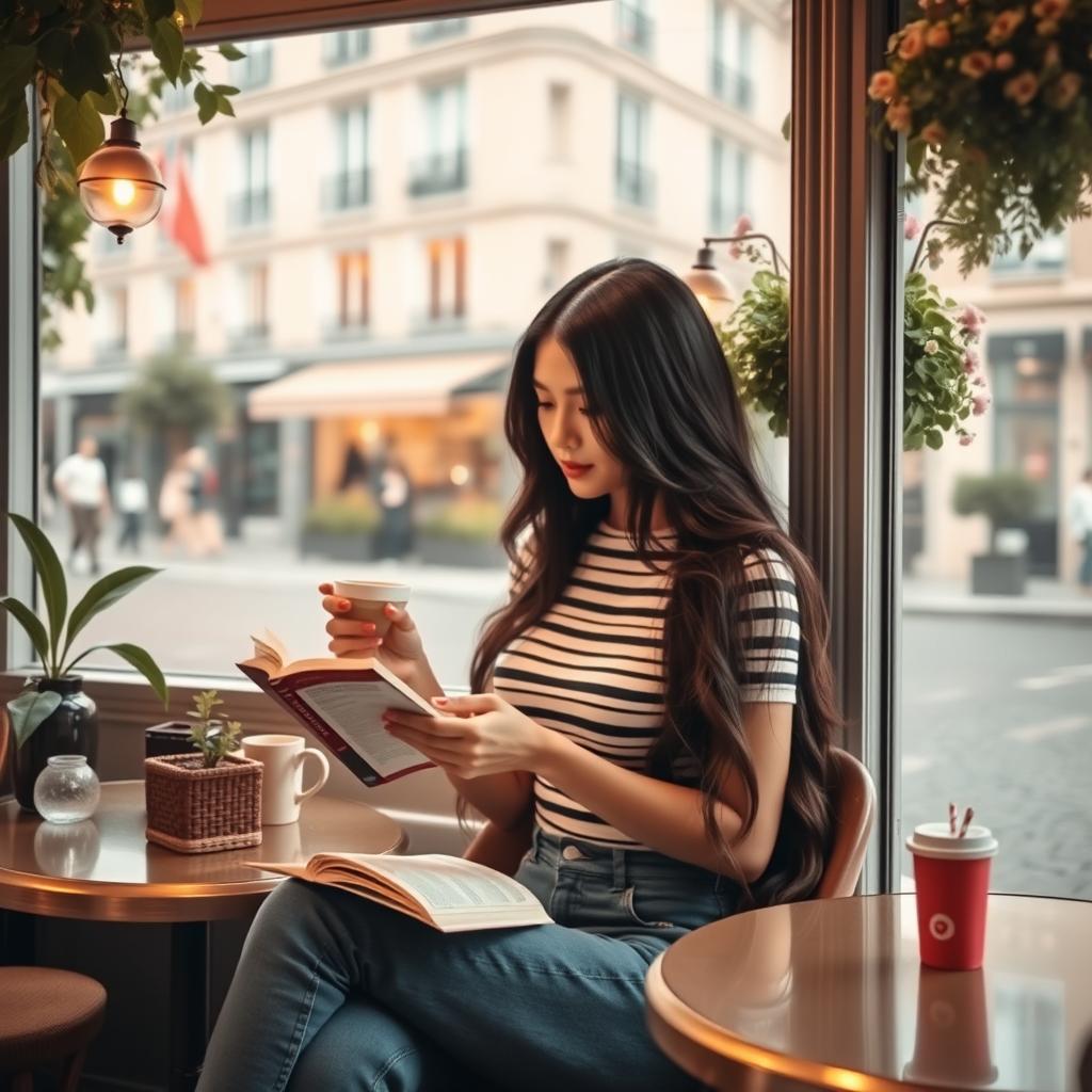 A beautiful French woman with long, flowing dark hair, sitting in a stylish Parisian café