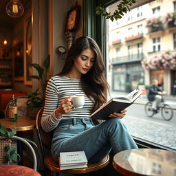 A beautiful French woman with long, flowing dark hair, sitting in a stylish Parisian café