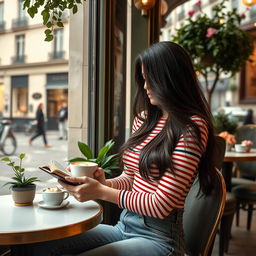 A beautiful French woman with long, flowing dark hair, sitting in a stylish Parisian café