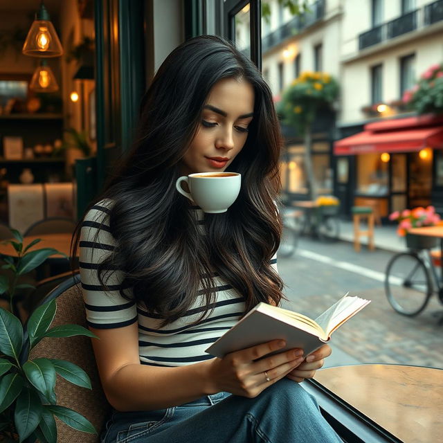 A beautiful French woman with long, flowing dark hair, sitting in a stylish Parisian café