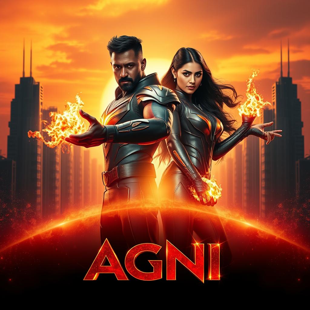 A visually captivating cinematic sci-fi futuristic action film poster titled 'AGNI'