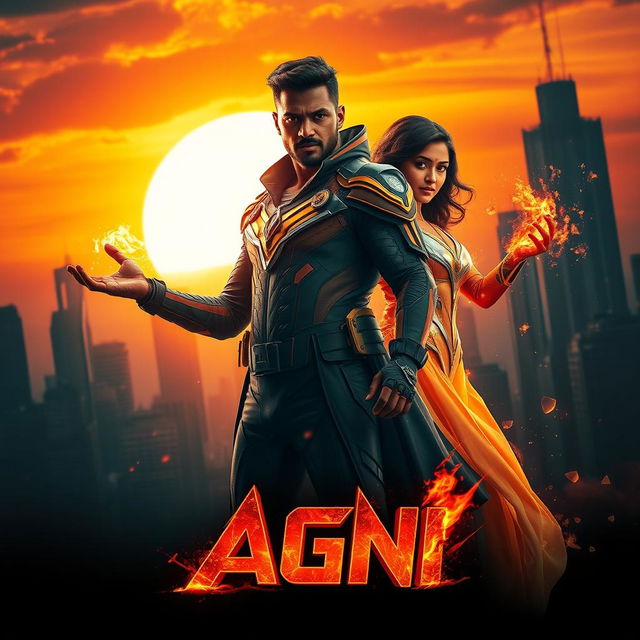 A visually captivating cinematic sci-fi futuristic action film poster titled 'AGNI'