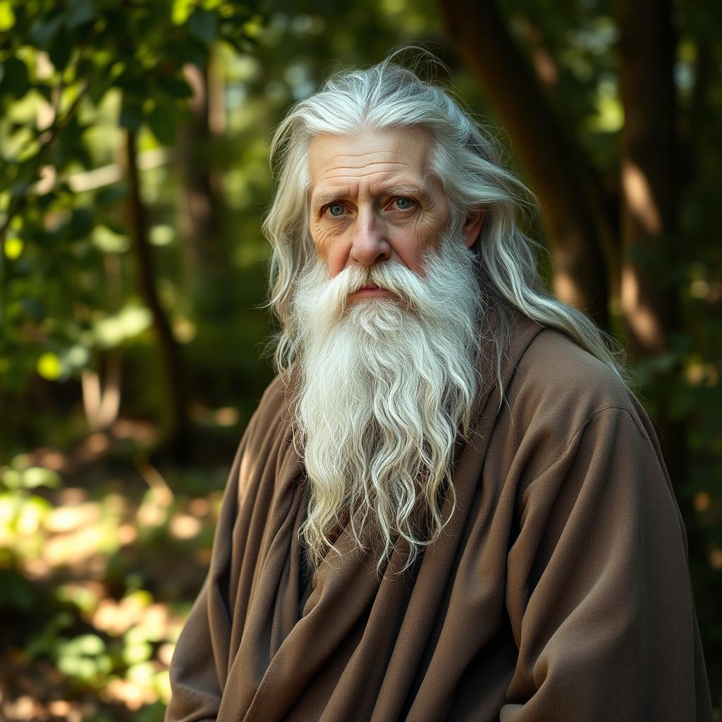 An aged man with long, flowing white beard and long, wild gray hair, dressed in a rustic robe