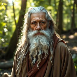 An aged man with long, flowing white beard and long, wild gray hair, dressed in a rustic robe