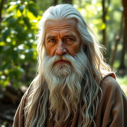 An aged man with long, flowing white beard and long, wild gray hair, dressed in a rustic robe