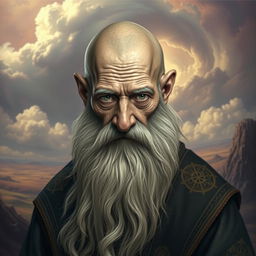 An aged man with a long, flowing beard, completely bald with an unusual and intriguing appearance