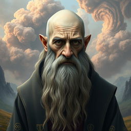 An aged man with a long, flowing beard, completely bald with an unusual and intriguing appearance