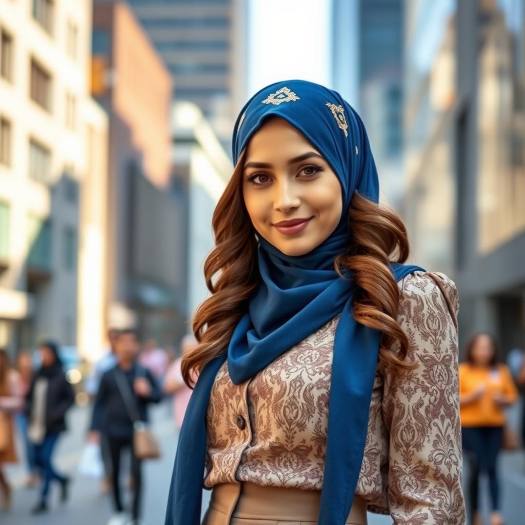 An Australian girl wearing a hijab, posing confidently in an urban setting, with a backdrop of modern architecture