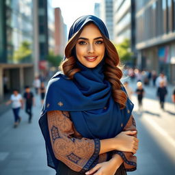 An Australian girl wearing a hijab, posing confidently in an urban setting, with a backdrop of modern architecture