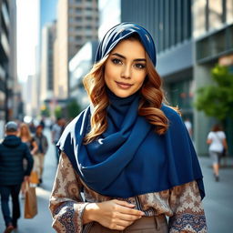 An Australian girl wearing a hijab, posing confidently in an urban setting, with a backdrop of modern architecture