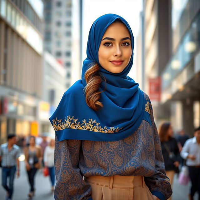 An Australian girl wearing a hijab, posing confidently in an urban setting, with a backdrop of modern architecture