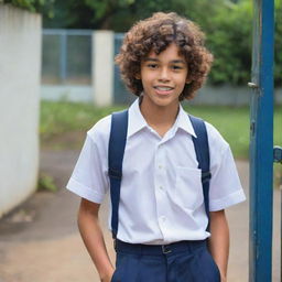 A handsome Indonesian schoolboy in his teens, with curly hair, blowing a bubblegum, hands in pockets. He is wearing a rolled-up white uniform shirt, a brown T-shirt, dark blue trousers, and a cross-shoulder bag. He is flirting with passing girls at the gate of a school named 'SMPN TENA 1'. The image is realistic, elegant, ultra HD, 8K.