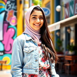 A beautiful Australian teenage girl wearing a hijab, standing confidently in a colorful urban setting