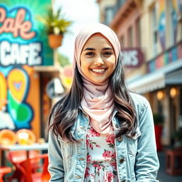 A beautiful Australian teenage girl wearing a hijab, standing confidently in a colorful urban setting