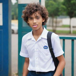 A handsome Indonesian schoolboy in his teens, with curly hair, blowing a bubblegum, hands in pockets. He is wearing a rolled-up white uniform shirt, a brown T-shirt, dark blue trousers, and a cross-shoulder bag. He is flirting with passing girls at the gate of a school named 'SMPN TENA 1'. The image is realistic, elegant, ultra HD, 8K.