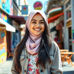 A beautiful Australian teenage girl wearing a hijab, standing confidently in a colorful urban setting