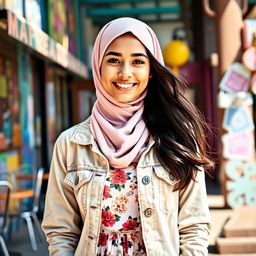 A beautiful Australian teenage girl wearing a hijab, standing confidently in a colorful urban setting