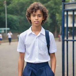 A handsome Indonesian schoolboy in his teens, with curly hair, blowing a bubblegum, hands in pockets. He is wearing a rolled-up white uniform shirt, a brown T-shirt, dark blue trousers, and a cross-shoulder bag. He is flirting with passing girls at the gate of a school named 'SMPN TENA 1'. The image is realistic, elegant, ultra HD, 8K.