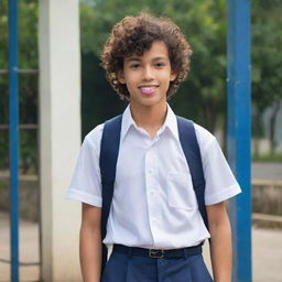 A handsome Indonesian schoolboy in his teens, with curly hair, blowing a bubblegum, hands in pockets. He is wearing a rolled-up white uniform shirt, a brown T-shirt, dark blue trousers, and a cross-shoulder bag. He is flirting with passing girls at the gate of a school named 'SMPN TENA 1'. The image is realistic, elegant, ultra HD, 8K.