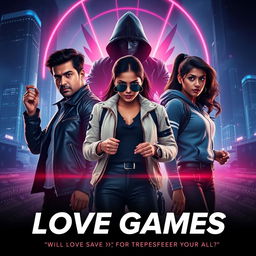 A cinematic action crime sci-fi thriller film poster titled 'Love Games'