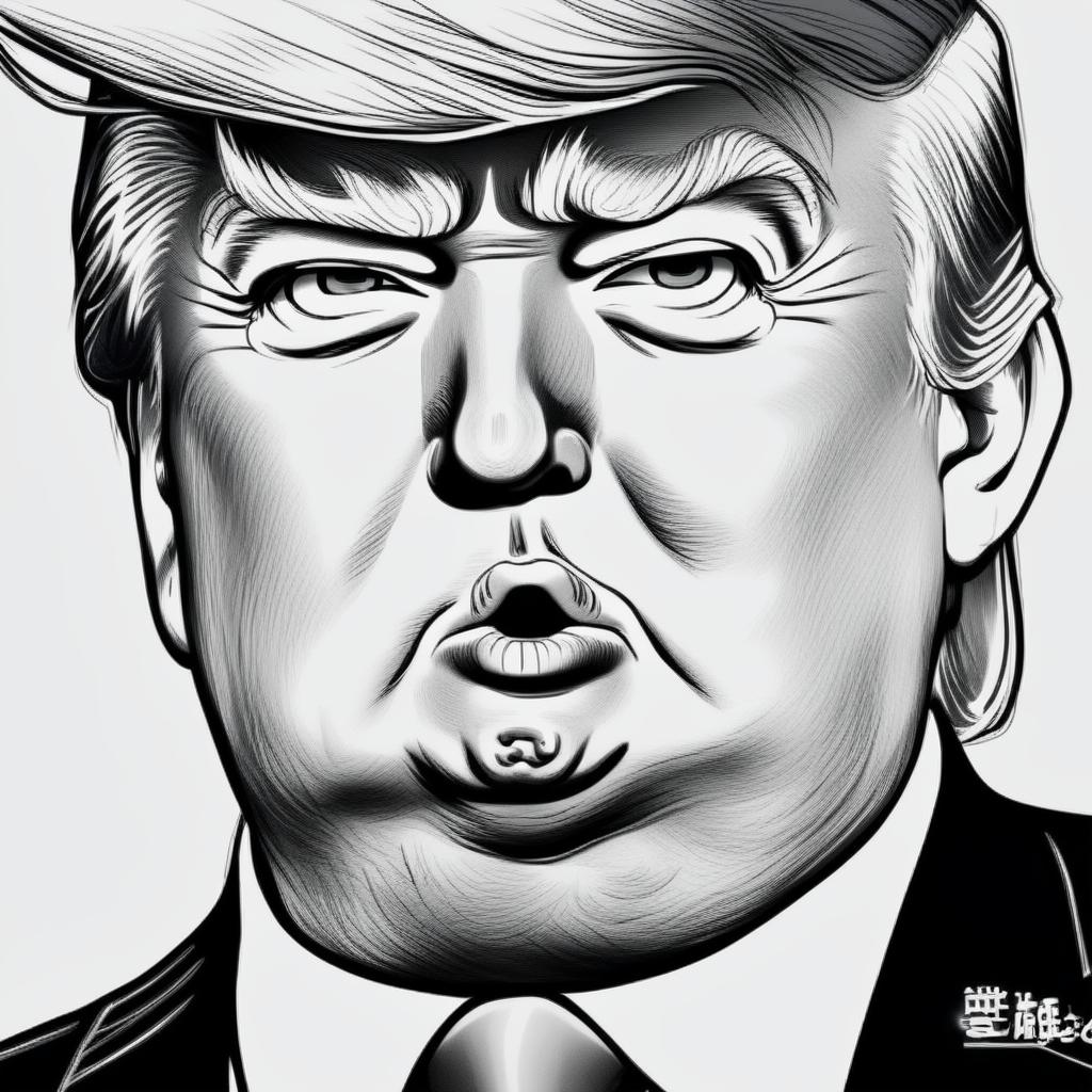 Hand-drawn black and white intense anime-style profile picture of Donald Trump with exaggerated features and detailed line art.