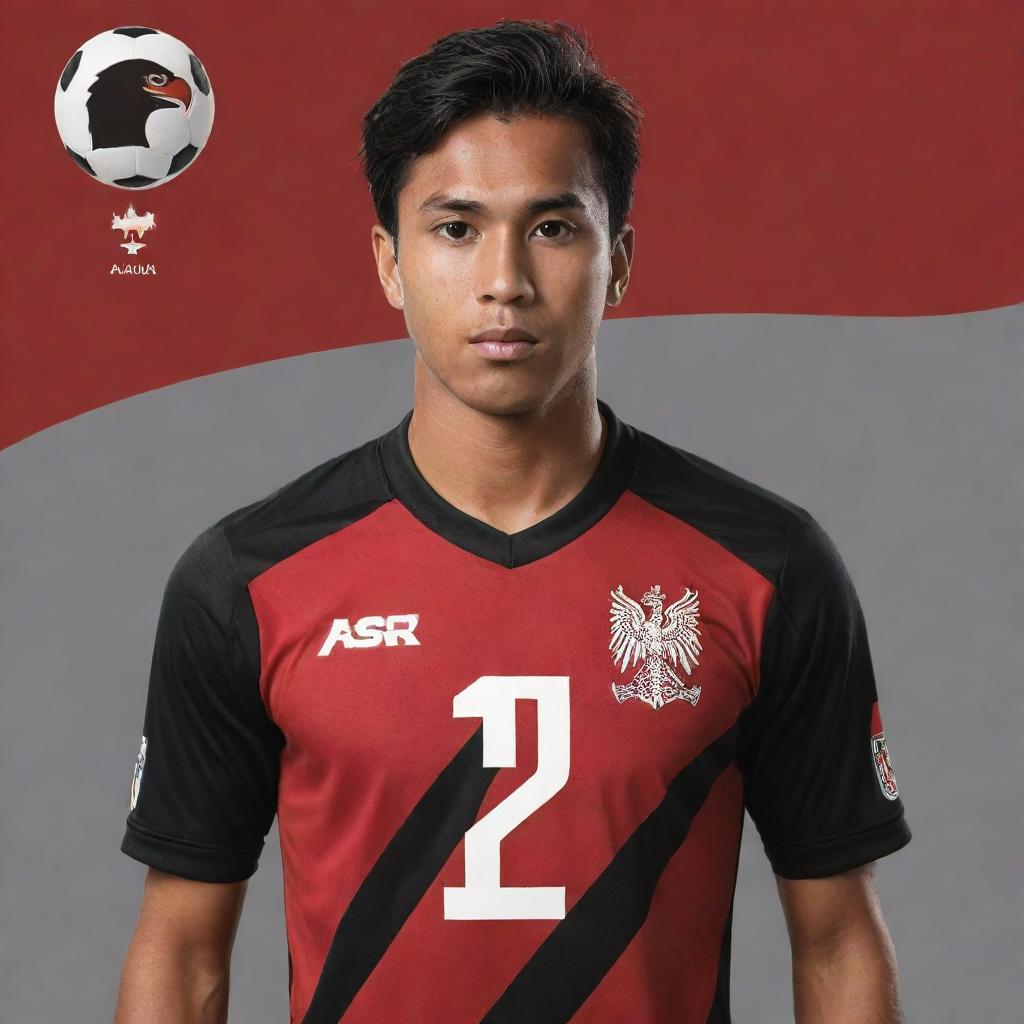 Create a vector-styled image of an Indonesian soccer player named Arva, wearing a striped red and black jersey with an eagle team logo in red and black stripes, featuring three stars on the eagle's chest. The player's jersey number is 12.