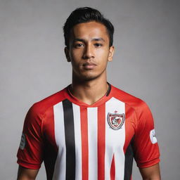 Create a vector-styled image of an Indonesian soccer player named Arva, wearing a striped red and black jersey with an eagle team logo in red and black stripes, featuring three stars on the eagle's chest. The player's jersey number is 12.