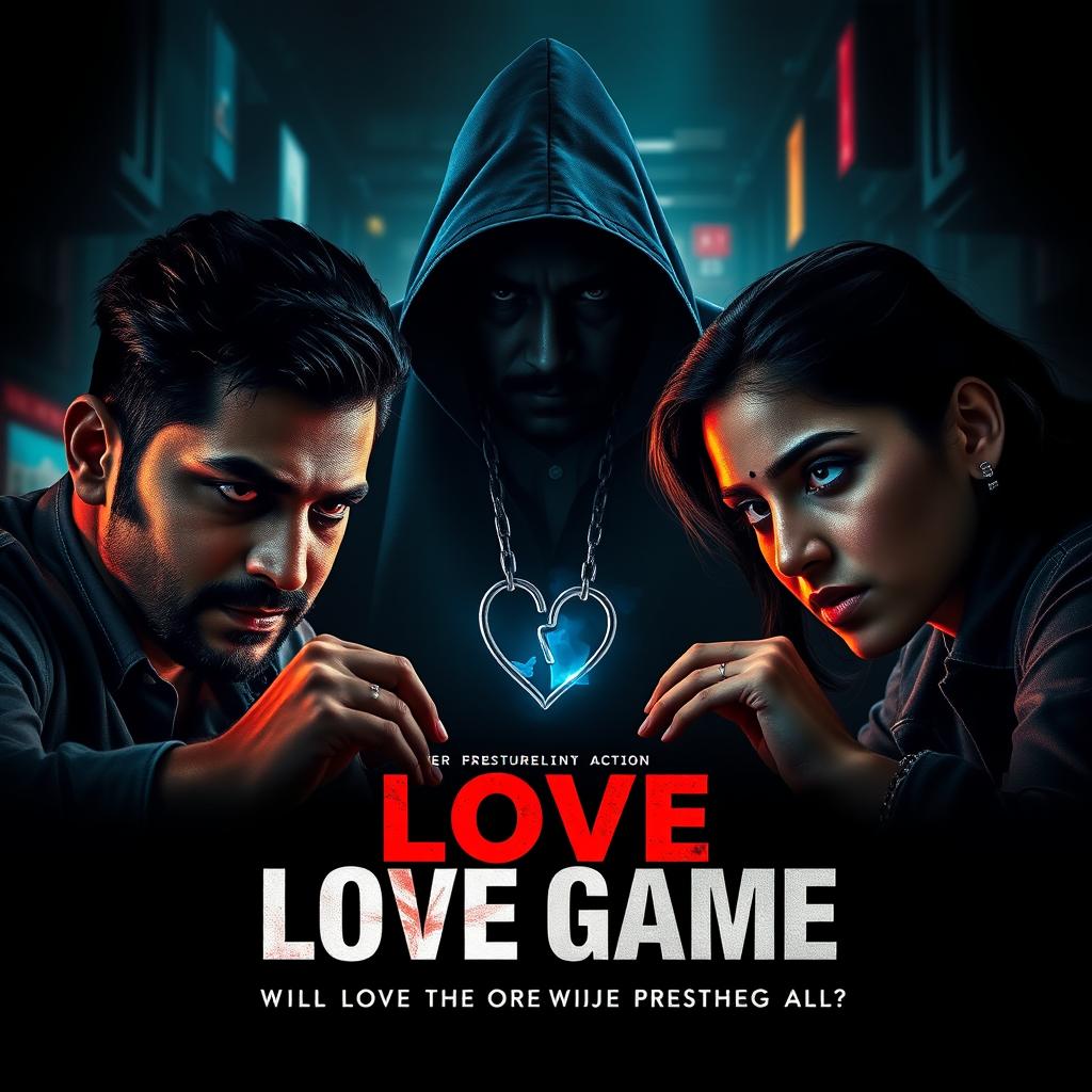 A cinematic movie poster for a thrilling action crime sci-fi film titled 'Love Game'