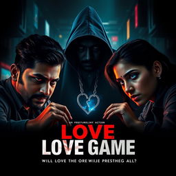 A cinematic movie poster for a thrilling action crime sci-fi film titled 'Love Game'