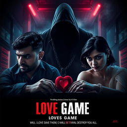 A cinematic movie poster for a thrilling action crime sci-fi film titled 'Love Game'